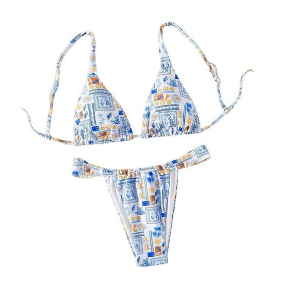 Women's 2 Piece Bathing Suit Graphic Boho Triangle Swimsuits Thong Cheeky - Picture 1 of 5
